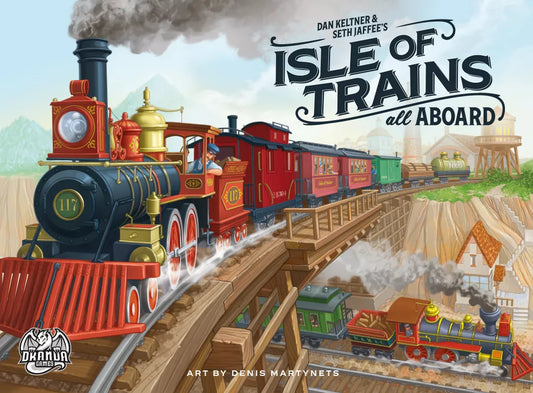 A vibrant card from Isle of Trains: All Aboard by Dranda Games shows colorful steam trains on wooden bridges across a scenic island. A red and black train, numbered 117, leads with its conductor waving; lush hills and tracks form the backdrop.