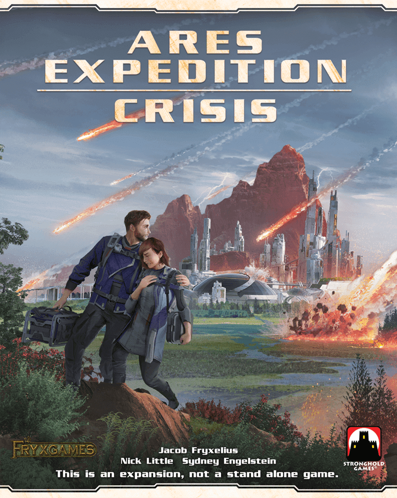 A man and woman in futuristic gear stand with equipment, watching meteors fall on a Martian city. Text: Terraforming Mars: Ares Expedition – Crisis Expansion by Stronghold Games, a cooperative board game expansion—not stand-alone.