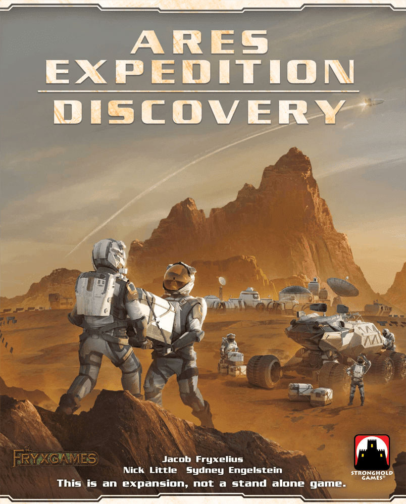 Two astronauts in spacesuits stand on a rocky planet with hills and a rover. The text highlights Terraforming Mars: Ares Expedition – Discovery Expansion by Stronghold Games, an exciting board game add-on.