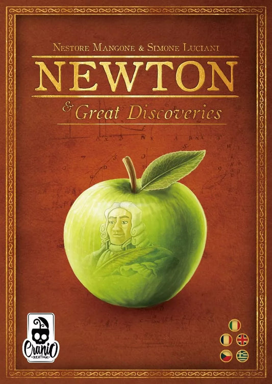 Cover of Newton & Great Discoveries by Cranio Creations, showing a green apple engraved with Isaac Newton’s face on a brown background with gold text, scientific sketches, publisher logo, and international flags.