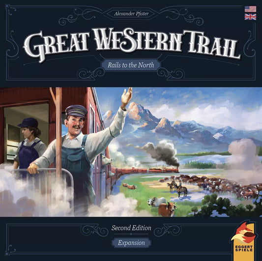 A cheerful conductor waves from a red railcar as a train travels through mountains, cattle, and riders in the Great Western Trail: Rails to the North Expansion (Second Edition) by Eggert Spiele.