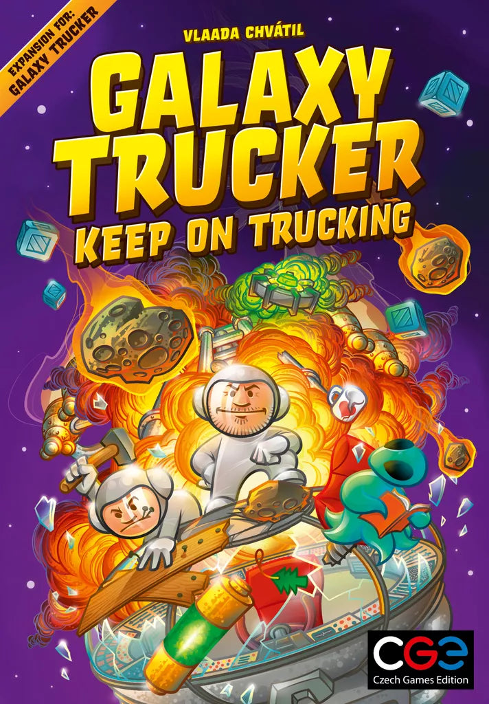 The Galaxy Trucker: Keep on Trucking Expansion by Czech Games Edition (CGE) features vibrant cover art of cartoon astronauts building spaceships among floating cargo, comets, and debris, with bold yellow title and logos above and below.