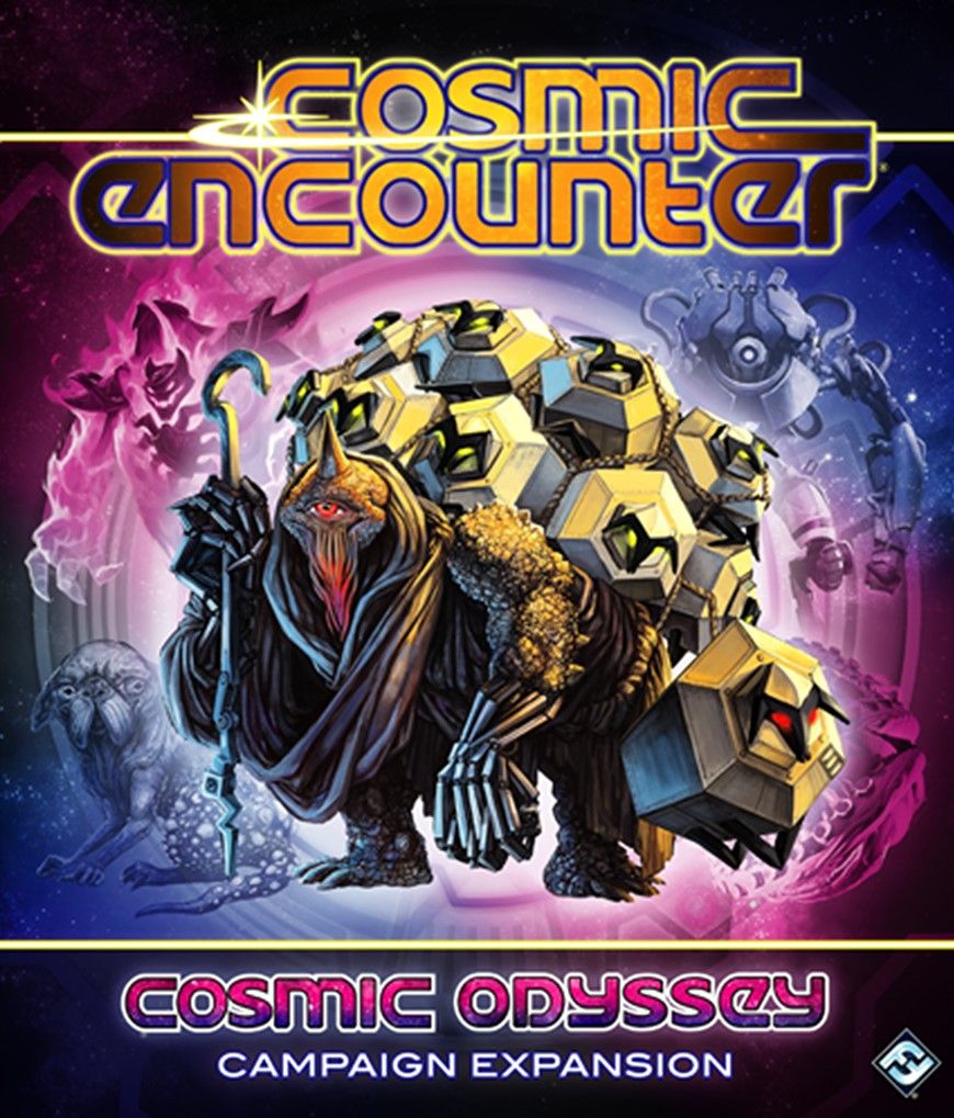 Box cover for Fantasy Flight Games’ Cosmic Encounter: Cosmic Odyssey Expansion shows a large alien with rocky, geometric armor amid vibrant cosmic colors and other aliens, highlighting new gameplay and campaign mode.