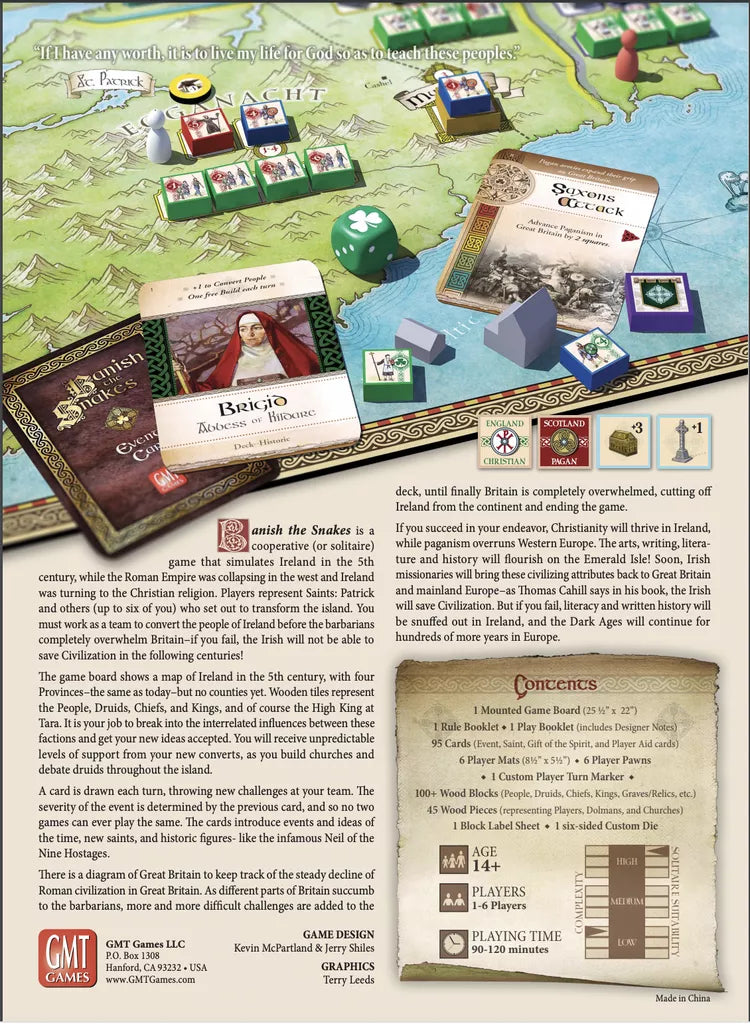 Banish the Snakes: A Game of St. Patrick in Ireland by GMT Games features a 5th century Ireland game board, character cards, tokens, and miniatures—all arranged to showcase this cooperative board game on the table.