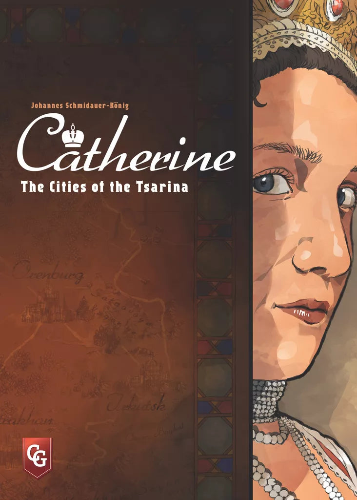 Book cover for Catherine: The Cities of the Tsarina by Capstone Games, featuring an illustrated royal woman and map background, inspired by the board game’s unique card mechanism.