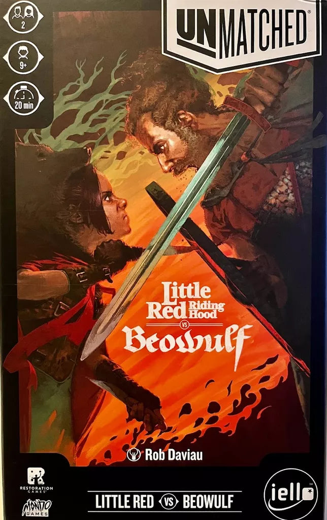 The box art for Iello’s Unmatched: Little Red Riding Hood vs. Beowulf shows Little Red and Beowulf facing off in a dramatic duel, both with intense expressions and flames blazing behind them.