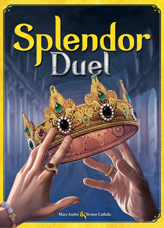 Jeweled hands reach for an ornate golden crown set with colorful gems in a grand, shadowy hall—a dramatic image from Splendor Duel by Space Cowboys, with the game title displayed above.
