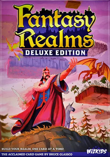 The vibrant game box for Fantasy Realms Deluxe Edition by Wizkids features a bearded king in red, unicorn, red dragon, and castle with The Cursed Hoard expansion highlighted. Text and Wizkids logos appear at the top and bottom.