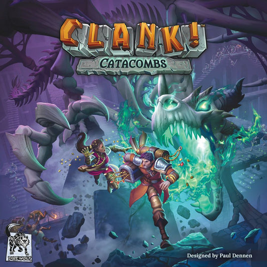 In Dire Wolf’s Clank! Catacombs, two adventurers face skeletal foes and dodge green magic in eerie underground halls littered with bones and a giant dragon skull—setting the scene for an epic deck-building quest. Clank! Catacombs is boldly featured at the