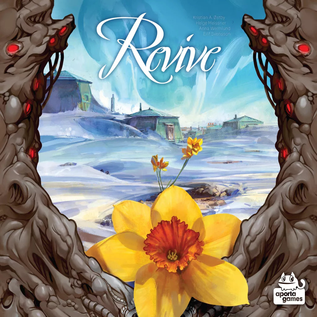 A vibrant yellow daffodil with an orange center stands in snowy ground amid dark tree trunks with glowing red eyes. Rustic houses and a bright blue sky appear behind. Inspired by Revive from Aporta Games, "Raive" is written above.