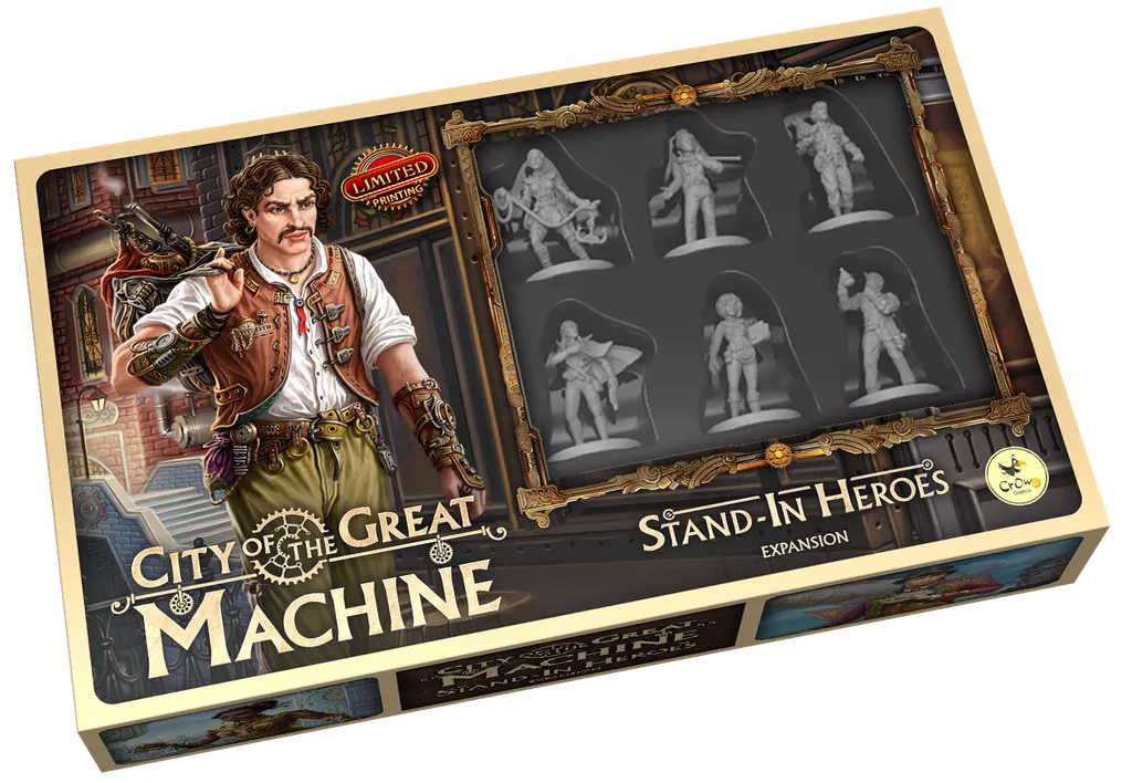 The City of the Great Machine: Stand-In Heroes Expansion by CrowD Games showcases character art on the left and six unpainted Hero miniatures on the right, visible through a clear window.