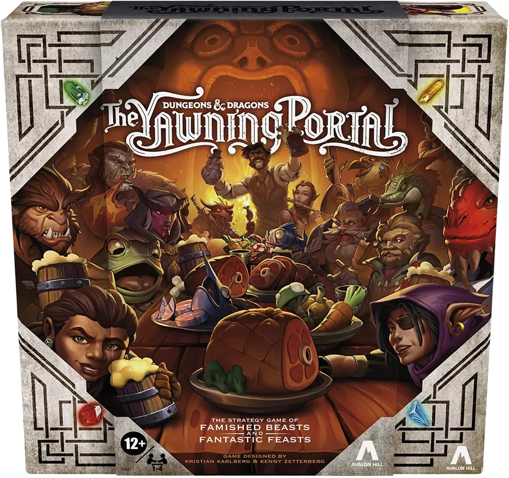 The box for Avalon Hill's Dungeons & Dragons: The Yawning Portal shows fantasy characters sharing food and drinks around a table in the famous tavern, creating a warm, inviting atmosphere.