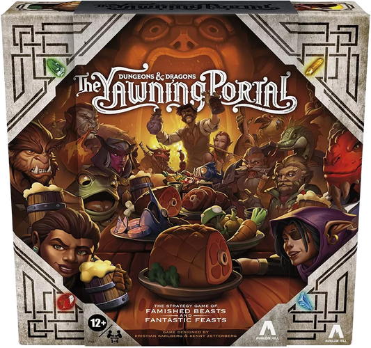 The box for Avalon Hill's Dungeons & Dragons: The Yawning Portal shows fantasy characters sharing food and drinks around a table in the famous tavern, creating a warm, inviting atmosphere.