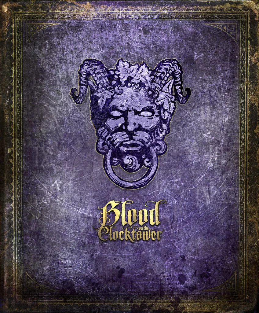 The Pandemonium Institute’s Blood on the Clocktower features a textured, worn purple cover with a horned, bearded face holding a ring in its mouth above the gold title, framed by ornate border details.