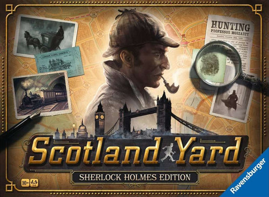 Board game cover for Ravensburger’s Scotland Yard Sherlock Holmes Edition, featuring Sherlock Holmes, London landmarks, vintage photos, age 10+, and the Ravensburger logo—a true detective game set in Victorian London.