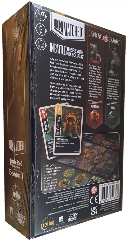 Back of the Unmatched: Little Red Riding Hood vs. Beowulf box by Iello, displaying this asymmetrical miniature fighting game’s cards, components, character bios, gameplay overview, shrink-wrapped packaging, logos, and icons.