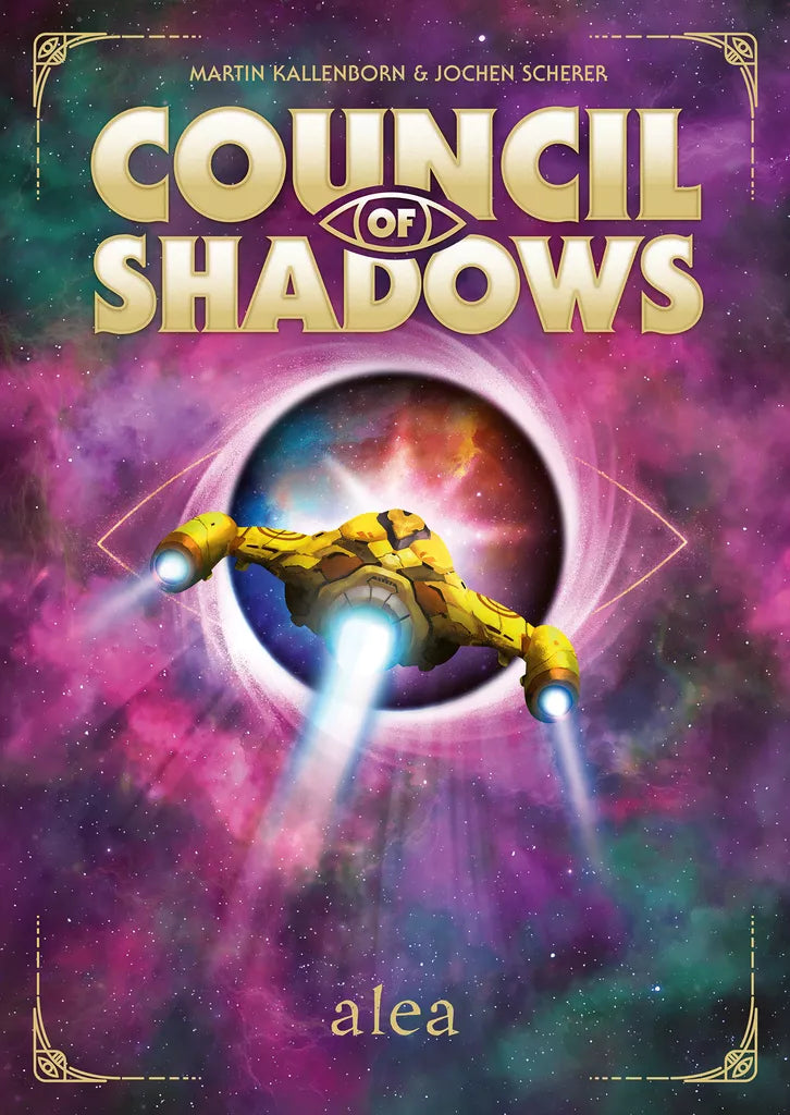 Cover of alea’s Council of Shadows (German Version), showing a yellow spaceship flying from a glowing black hole on a vivid cosmic background, with the title in bold gold at the top.