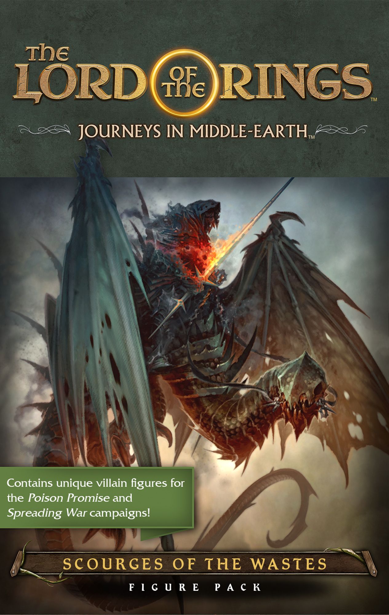 A Fantasy Flight Games box cover for The Lord of the Rings Journeys in Middle-Earth Scourges of the Wastes Figure Pack, showcasing a fiery dragon, armored rider, and green label spotlighting unique villain miniatures.