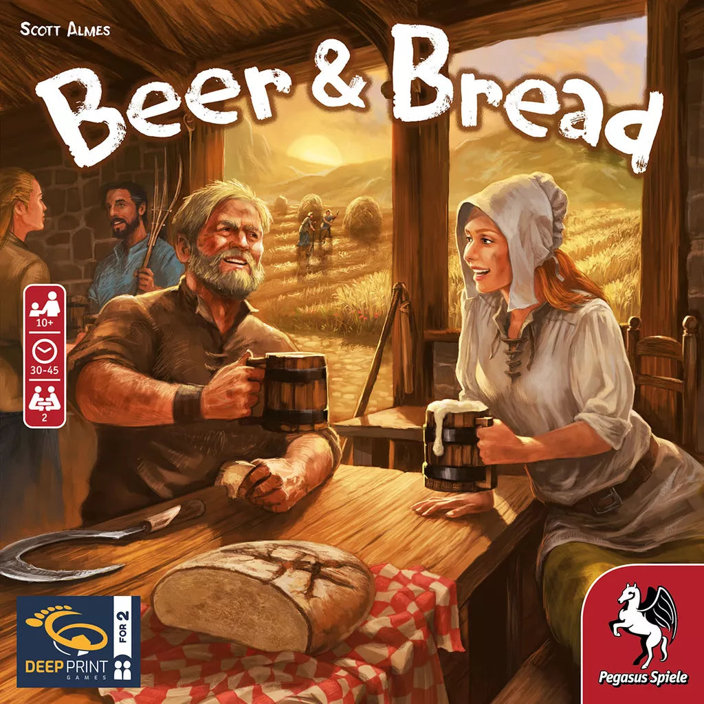 A cheerful man and woman clink beer mugs at a rustic table with bread in a sunlit farm scene. The Deep Print Games Beer & Bread box cover showcases this cozy two-player strategy game set among harvest fields and busy workers.