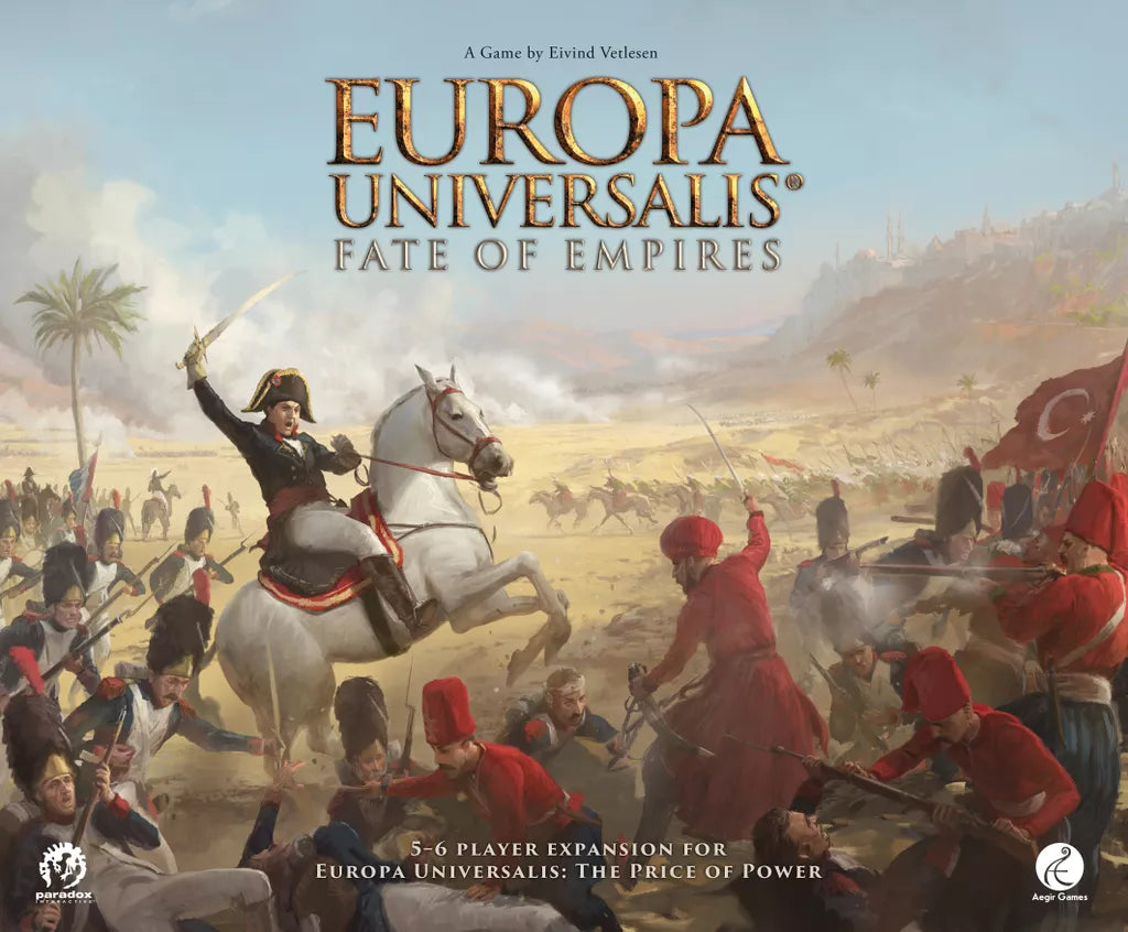 A cavalry commander leads a charge in battle as soldiers in red fight amid chaos. Text: Europa Universalis: Fate of Empires Expansion by Aegir Games.