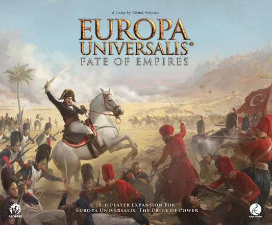 A cavalry commander leads a charge in battle as soldiers in red fight amid chaos. Text: Europa Universalis: Fate of Empires Expansion by Aegir Games.