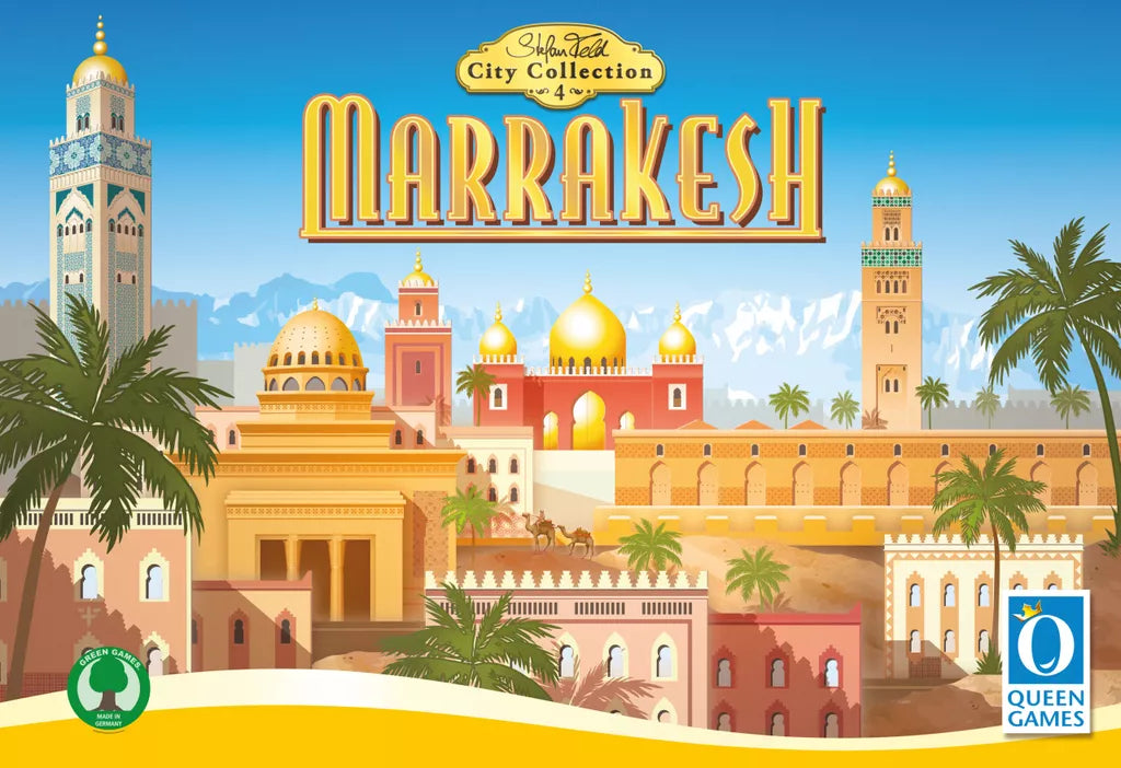 The cover of Marrakesh (City Collection Classic Edition) by Queen Games showcases ornate Middle Eastern architecture, domes, minarets, palm trees, and distant mountains. Decorative game and publisher logos appear in the corners.
