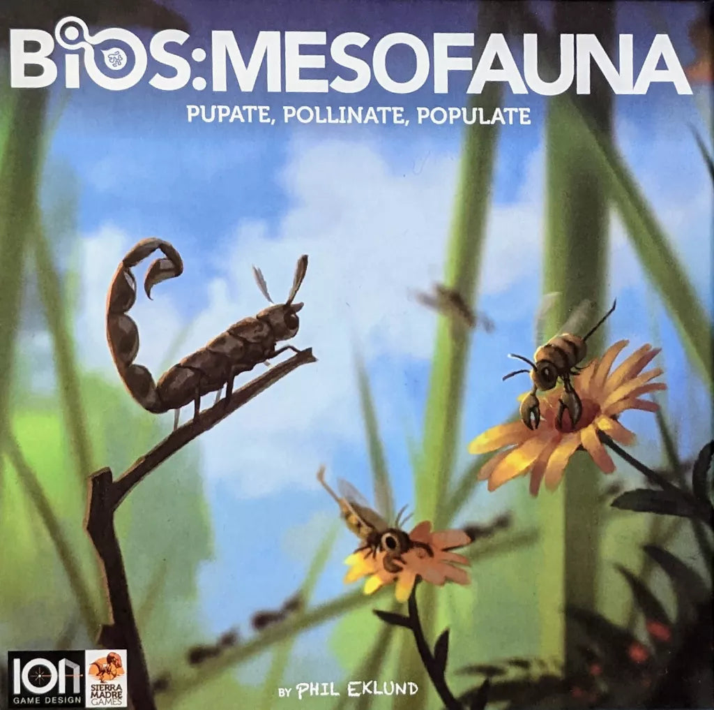 The box art for Bios: Mesofauna by Ion Game Design features close-up insects—such as a branch-dwelling larva and bees on yellow flowers—set among large green plant stems, with the game’s title and credits displayed at the top and bottom.