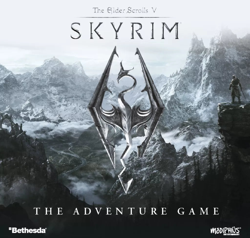 Box art for The Elder Scrolls V: Skyrim – The Adventure Game, a Modiphius Entertainment board game, showing a dragon emblem above snowy mountains with the game's title and Modiphius logo at the bottom.
