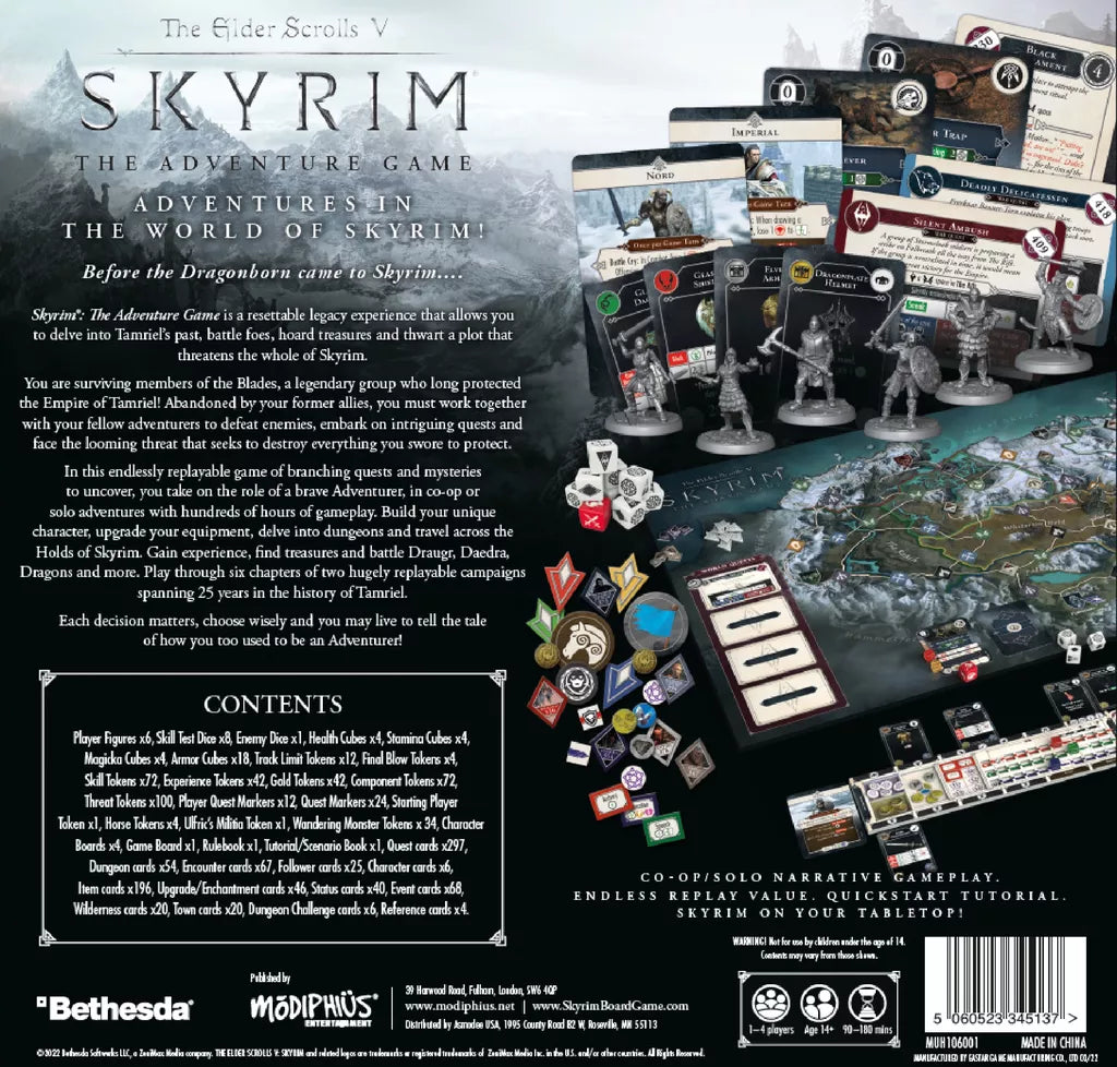 Box back of The Elder Scrolls V: Skyrim – The Adventure Game by Modiphius Entertainment displays cards, tokens, dice, miniatures, and a game board. Features content list, game details, and logos on a black background for an epic adventure.