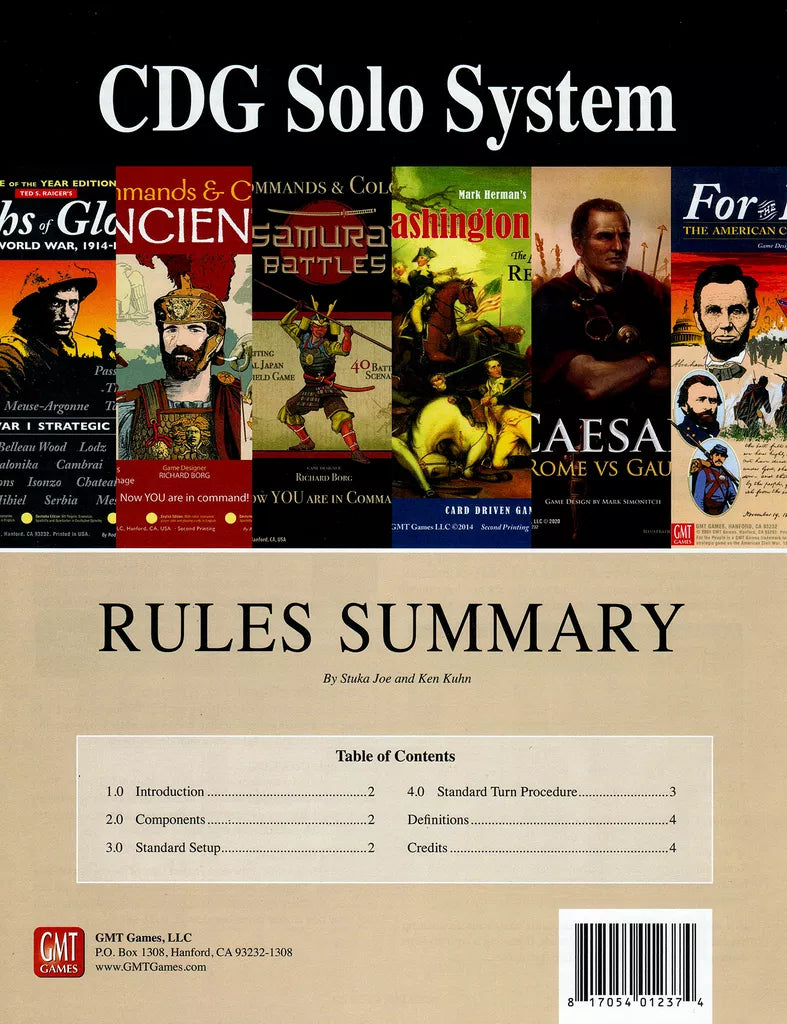 The CDG Solo System Rules Summary booklet by GMT Games features images of various Card Driven Games wargame boxes at the top and a table of contents with solitaire wargaming rule sections below.