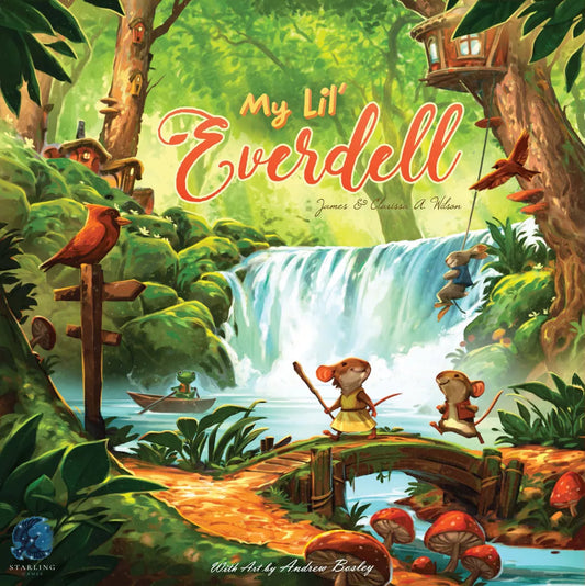 In a lush forest, two mice walk by a river and waterfall while another swings on a vine. Treehouses and animals fill the scene. "My Lil' Everdell" by Starling Games (II) is a whimsical board game for kids.