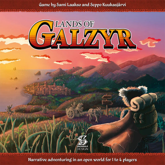 Illustrated cover for Lands of Galzyr by Snowdale Design, an open world board game. Features an animal with a bushy tail gazing over vibrant fields, a village, and sunset mountains. Game title is prominently displayed at the top.