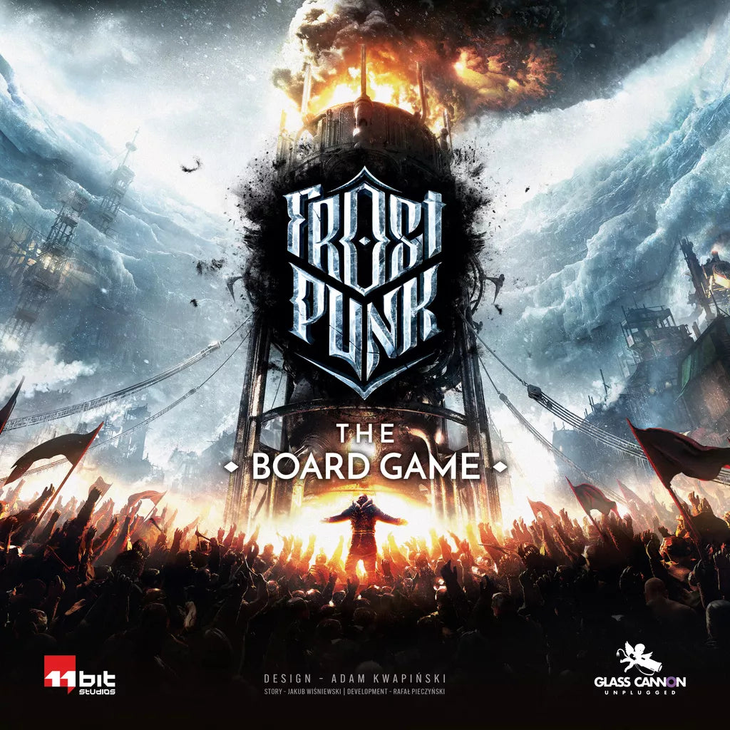 Crowds gather around a towering, steampunk-style generator emitting fire and smoke on a snowy landscape. At the center sits Frostpunk: The Board Game by Glass Cannon Unplugged—a tense post-apocalyptic strategy and survival game.