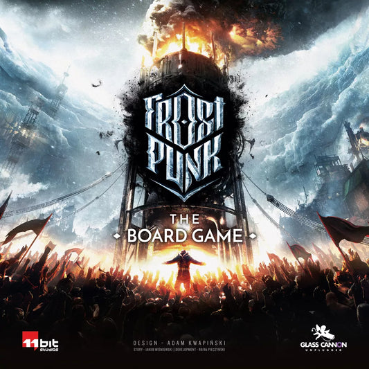 Crowds gather around a towering, steampunk-style generator emitting fire and smoke on a snowy landscape. At the center sits Frostpunk: The Board Game by Glass Cannon Unplugged—a tense post-apocalyptic strategy and survival game.
