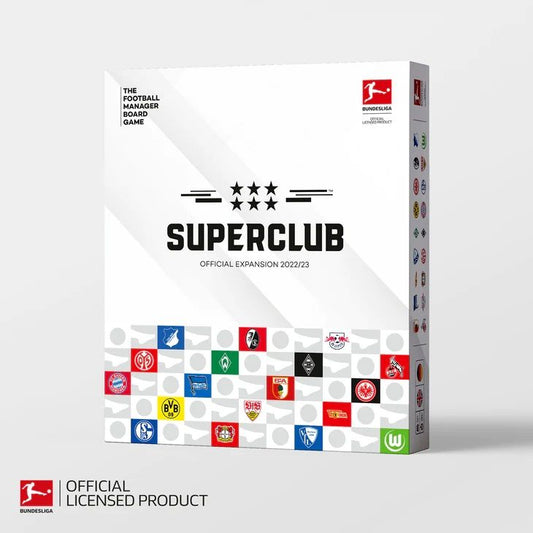 Superclub: Bundesliga Expansion box by Superclub features official Bundesliga club logos on white, plus the league logo and Official Licensed Product badge. Ideal for fans of the football manager game.