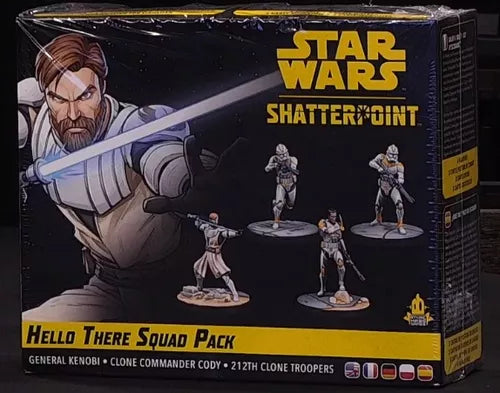 The Star Wars: Shatterpoint – Hello There Squad Pack by Atomic Mass Games includes miniatures of Obi-Wan Kenobi, Commander Cody, and two 212th Attack Battalion Clone Troopers. Features artwork of Kenobi with his lightsaber.
