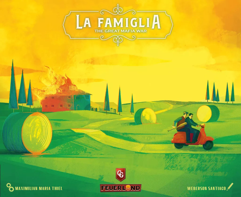A stylized illustration for La Famiglia: The Great Mafia War by Feuerland Spiele shows two people riding a red scooter past hay bales and a burning house, set against green hills and trees, reflecting the game's Mafia strategy intrigue.