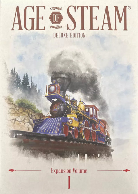 Box cover for Age of Steam: Deluxe Edition Bundle by Eagle-Gryphon Games, showing a colorful steam locomotive on a high track amidst smoke and forested rocks—evoking the classic spirit of this renowned railroad strategy game.