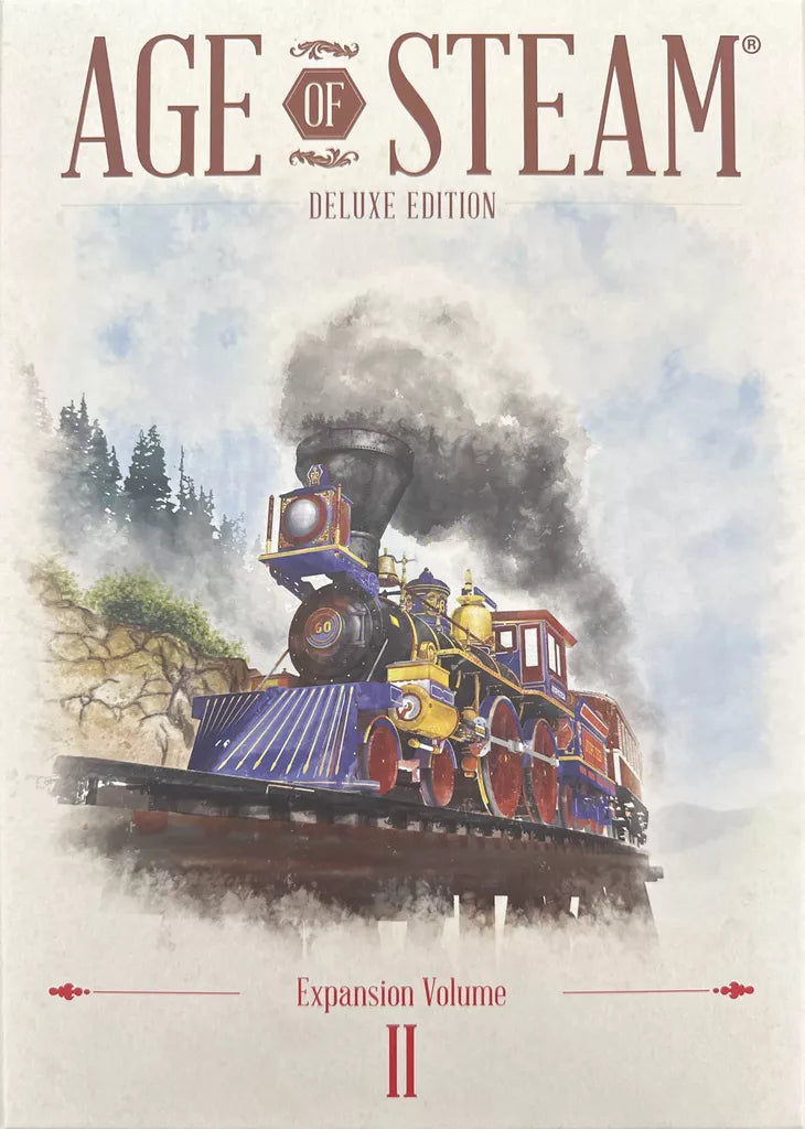 Box cover for Age of Steam Deluxe: Expansion Volume II by Eagle-Gryphon Games, a board game expansion showing a vibrant steam locomotive on mounted boards with smoke and trees in the background.