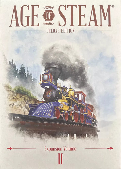 The cover of Age of Steam: Deluxe Edition Bundle by Eagle-Gryphon Games shows a vibrant steam locomotive on raised tracks amidst trees and sky—ideal for classic railroad strategy board game fans.