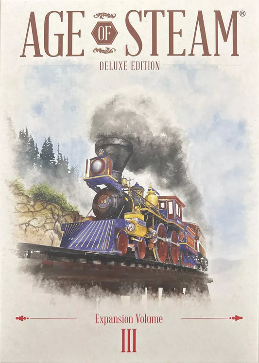 The cover of Age of Steam Deluxe: Expansion Volume III by Eagle-Gryphon Games features an illustrated steam locomotive in motion, billowing black smoke on tracks through a rocky, tree-lined landscape and highlights mounted game boards.