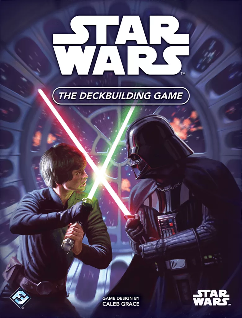The illustrated cover of Star Wars: The Deckbuilding Game by Fantasy Flight Games features Luke Skywalker and Darth Vader dueling with green and red lightsabers inside the Death Star, with the Star Wars logo at the top.