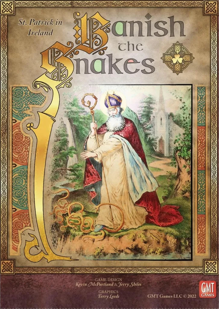 The cover for GMT Games' "Banish the Snakes: A Game of St. Patrick in Ireland" features St. Patrick in robes with a staff, snakes at his feet, Celtic patterns, and game title text highlighting its 5th-century Irish setting.