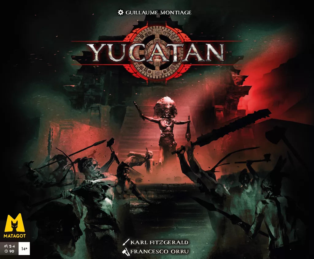 The Yucatan (Kickstarter Version - All-in Pledge) by Matagot features a striking cover with a skeletal Aztec warrior holding a severed head, bathed in red light amid ruins, with the edition title and creators' names boldly displayed.
