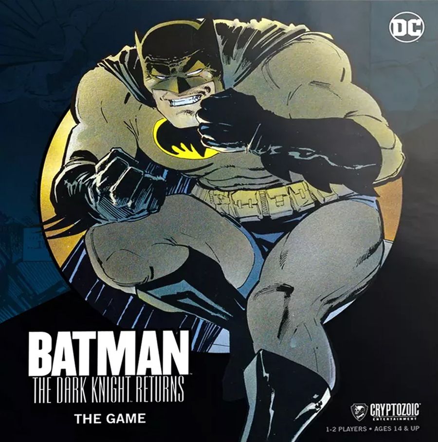 Comic-inspired art of Batman with fists raised and the title "Batman: The Dark Knight Returns – The Game." A solo board game by Cryptozoic Entertainment for 1–2 players, recommended for ages 14+.