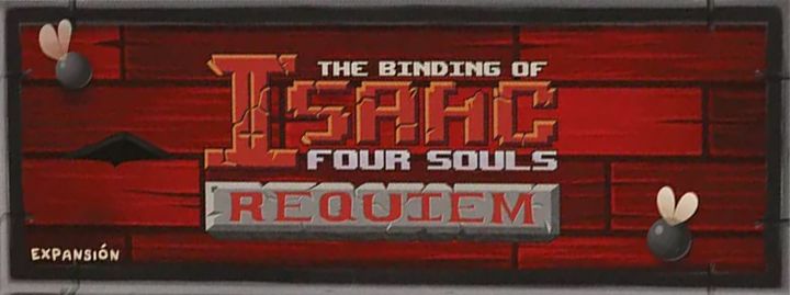 The Maestro Media game box for The Binding of Isaac: Four Souls Requiem features the logo with "Requiem" in a gray box, a red wood panel background, cartoon flies, "Expansion" in the corner, and hints of tainted characters.