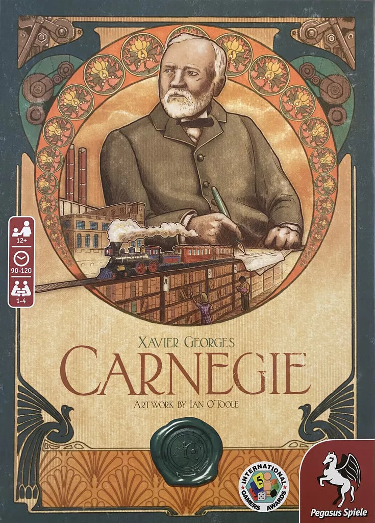Carnegie EN/DE board game by Pegasus Spiele features an illustrated Andrew Carnegie above steel factories and a steam train, framed by Art Nouveau borders with game details on the sides.