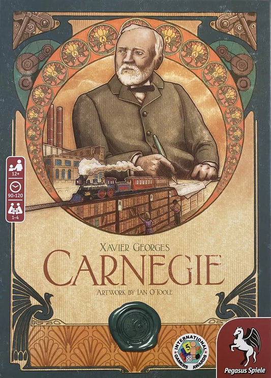 Carnegie EN/DE board game by Pegasus Spiele features an illustrated Andrew Carnegie above steel factories and a steam train, framed by Art Nouveau borders with game details on the sides.