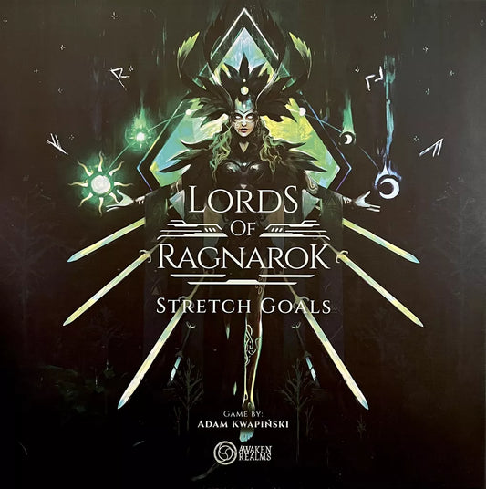 A fantasy illustration shows a woman in dark, ornate armor with a feathered headdress and glowing eyes before a geometric design. The text reads: Lords of Ragnarok: Stretch Goals by Awaken Realms.