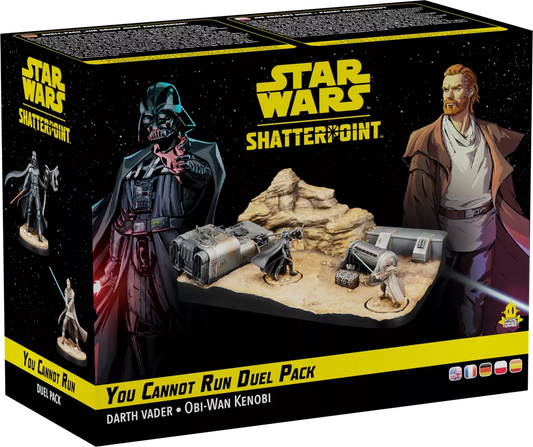 The Star Wars: Shatterpoint – You Cannot Run Duel Pack by Atomic Mass Games features detailed Darth Vader and Obi-Wan Kenobi miniatures and terrain, capturing the epic duel from the Star Wars universe.